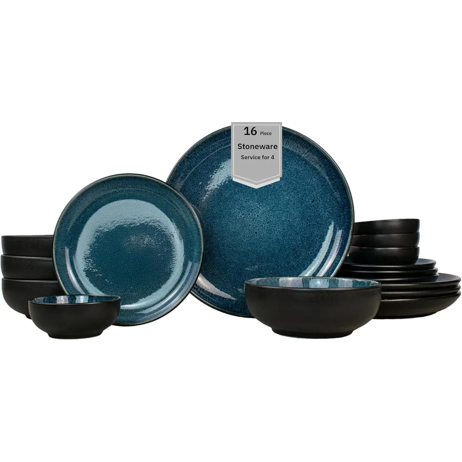 

16Piece Stoneware Dinnerware Set for 4 with Glossy Black and Blue Plates and Bowls Reactive Glaze Ceramic Dish Set for Modern E