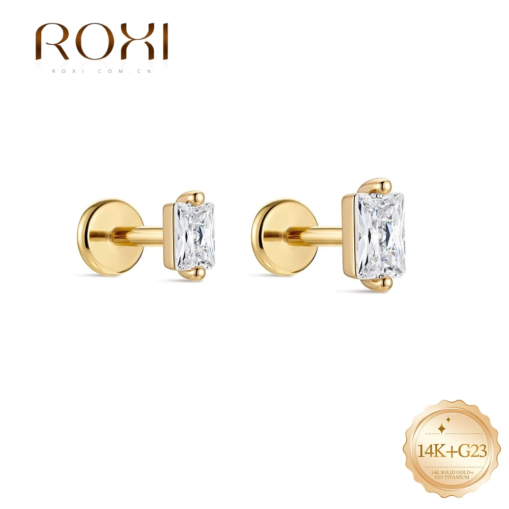 ROXI 1PC 14K Solid Gold Classic Minimalist Square CZ Flat Top Piercing Cartilage Stud Hypoallergenic Ear Jewelry