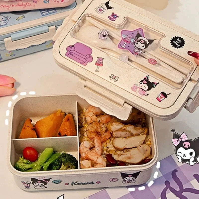 Sanrio Anime Wheat Straw Lunch Box Kuromi My Melody Heatable Lunch Box Student Large Capacity Compartment Eco-Friendly Lunch Box