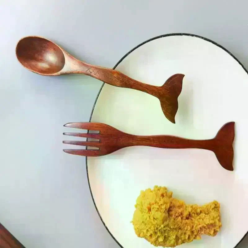 Juego de cuchara y tenedor con mango de cola de pez Nanwood, estilo marino, madera maciza, patrón hecho a mano, postre, fruta, ensalada, tenedor, vajilla, 2 uds.