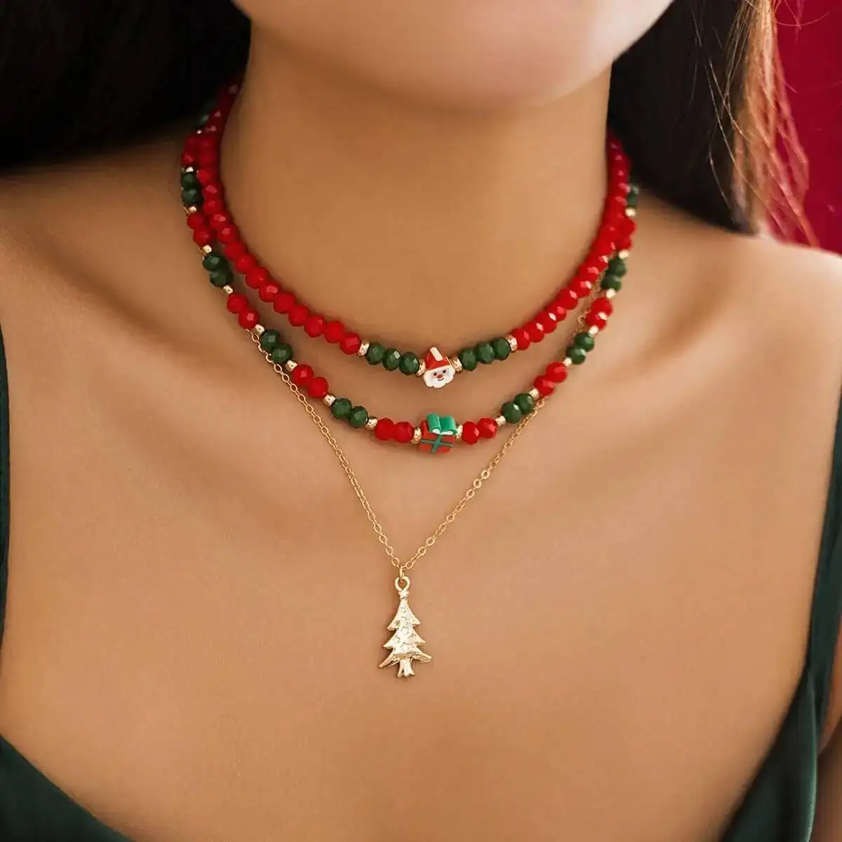 

KunJoe Retro Red Green Crystal Bead Chain Choker Necklace for Women Cute Christmas Tree Snowman Pendant Necklace Jewelry Gifts
