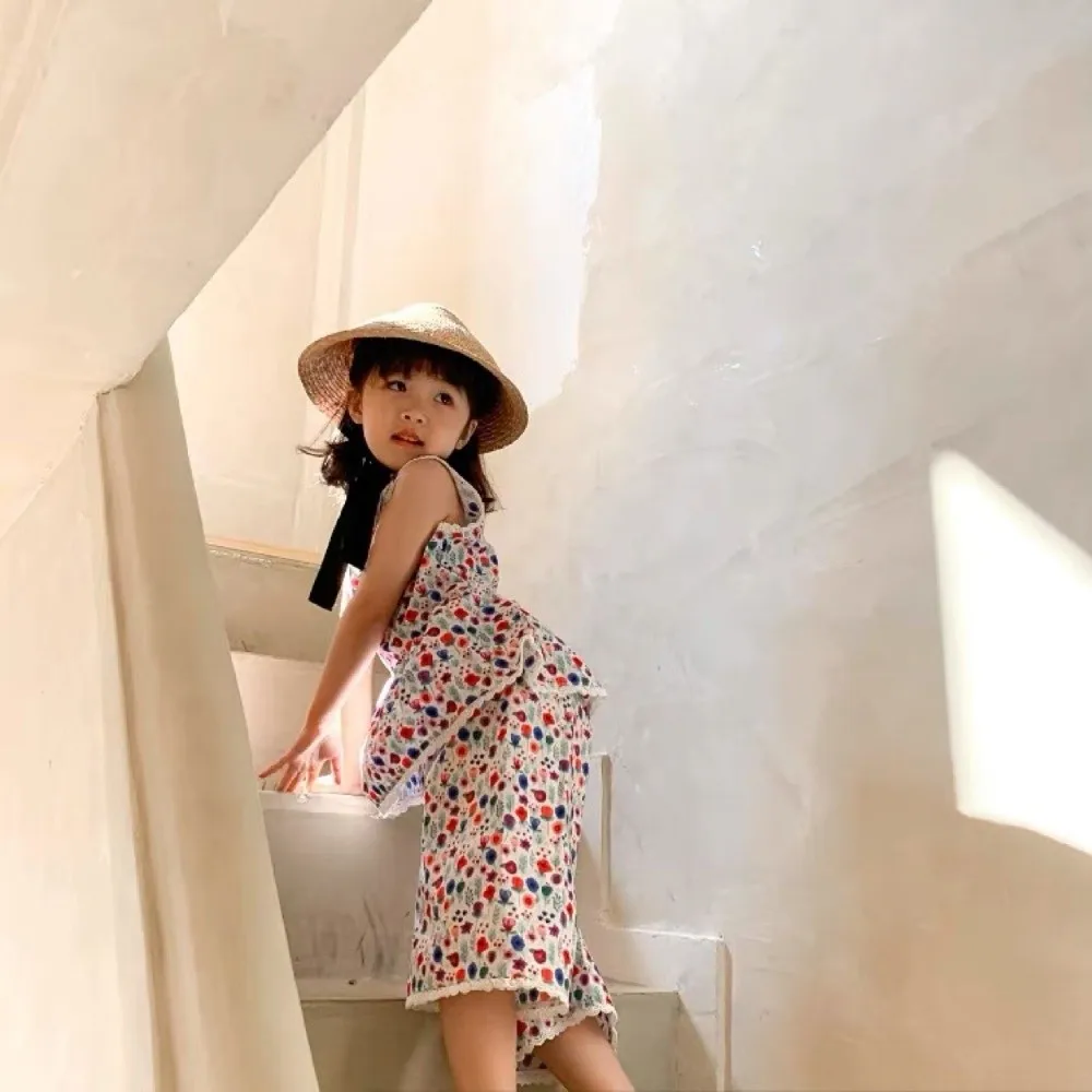 Chapéu de sol infantil de aba grande, chapéu de palha coreano respirável para meninas, estilo pastoral com alça de queixo, viseira de palha para crianças e bebês