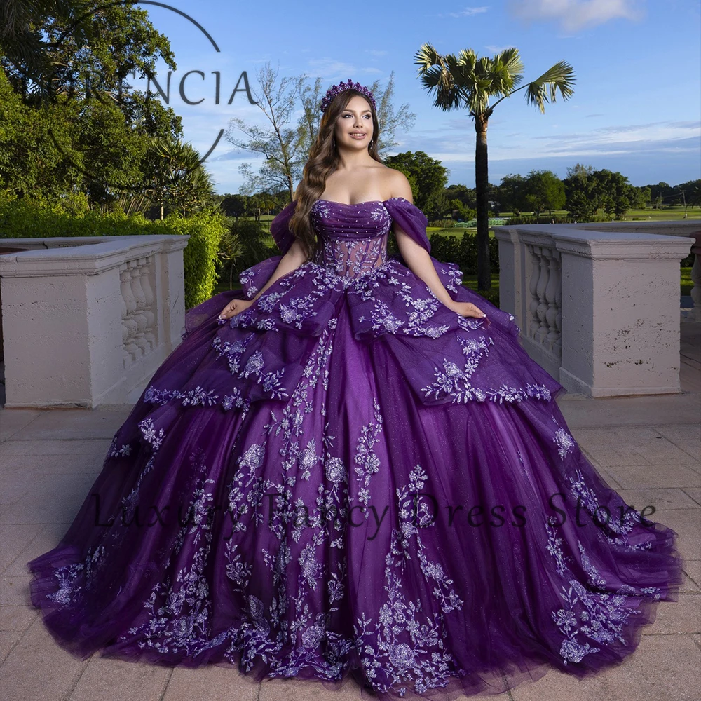

Элегантные платья Quinceanera с аппликацией 2026 с открытыми плечами из тюля, милые бальные платья для дня рождения, индивидуальные платья 15 años Bravo