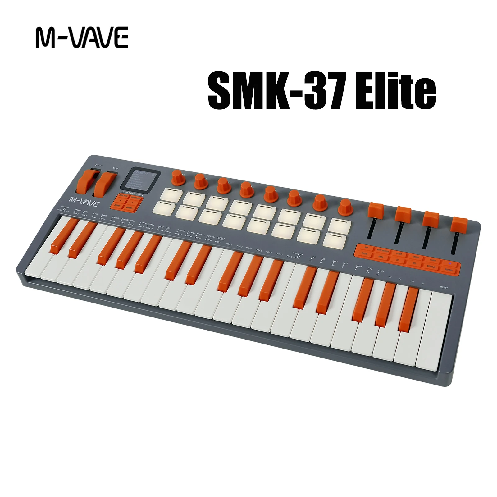 M-VAVE SMK-37 Pro Elite Wireless MIDI Keyboard – 37 Keys, 16 RGB Pads, Built-in Synth, 10h Battery, Grey-Orange