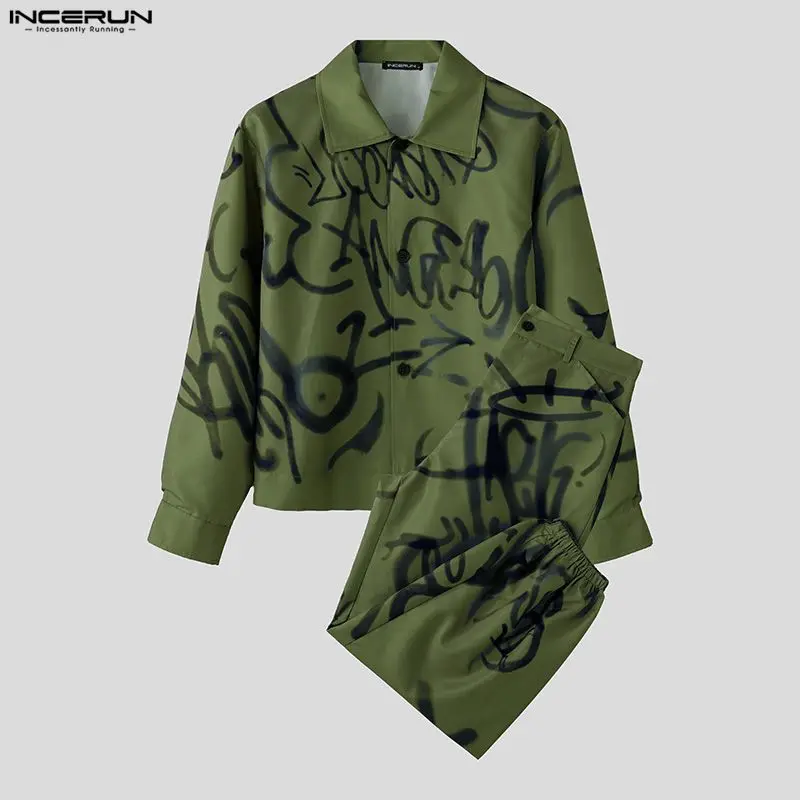 

INCERUN Men Sets Printing Lapel Long Sleeve Shirt & Pants Two Pieces Sets Streetwear 2026 Loose Fashion Men's Casual Suits S-5XL