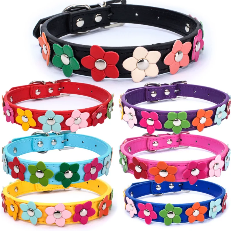 20pcs Small Dog Collar Leash Pet Cat Leather Flowers Neck Strap Leads Rope for Middle Perro Chihuahua Fashion High Quality