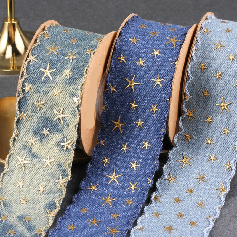 10 Yards 25MM/40MM Gold Five-Pointed Star Lace Edge Denim Ribbon Hair Bows DIY Crafts Handmade Accessories Ribbons