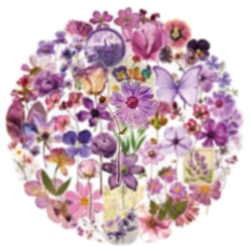 10/30/50pcs 빈티지 보라색 꽃 투명 스티커 PET 장식 데칼 DIY 수하물 오토바이 전화 귀여운 낙서 스티커