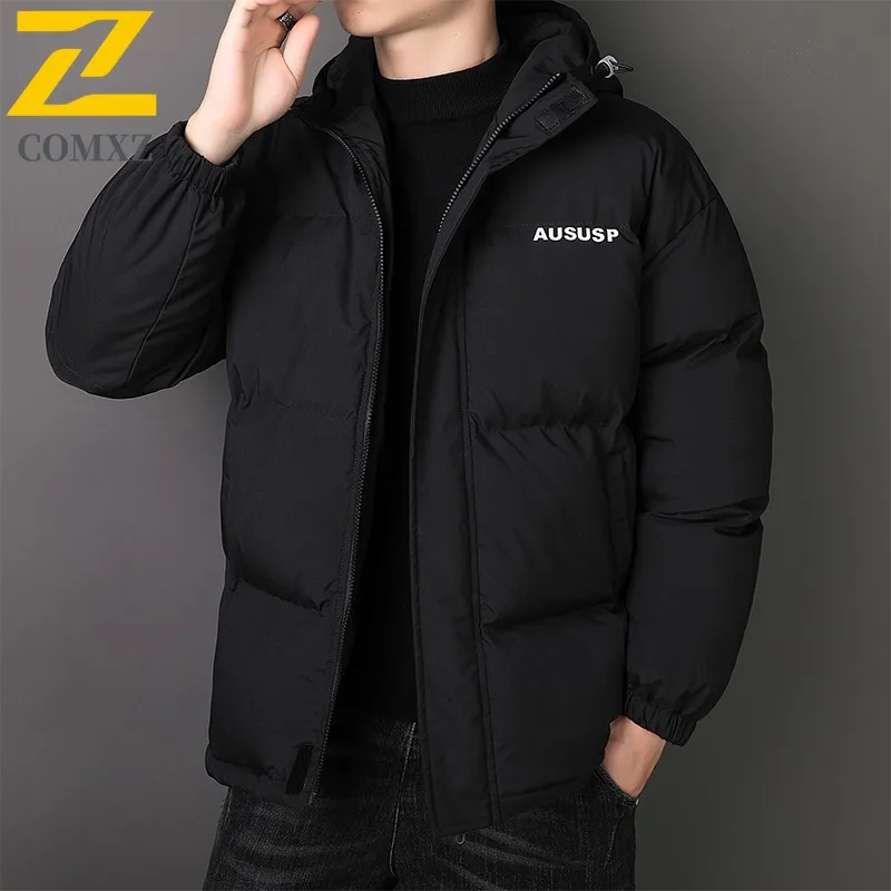 COMXZ Men Winter Cotton Coat Trendy Hooded Thickened Camping Lightweight Padded Jacket Cold Weather Warm Street Style Outerwear