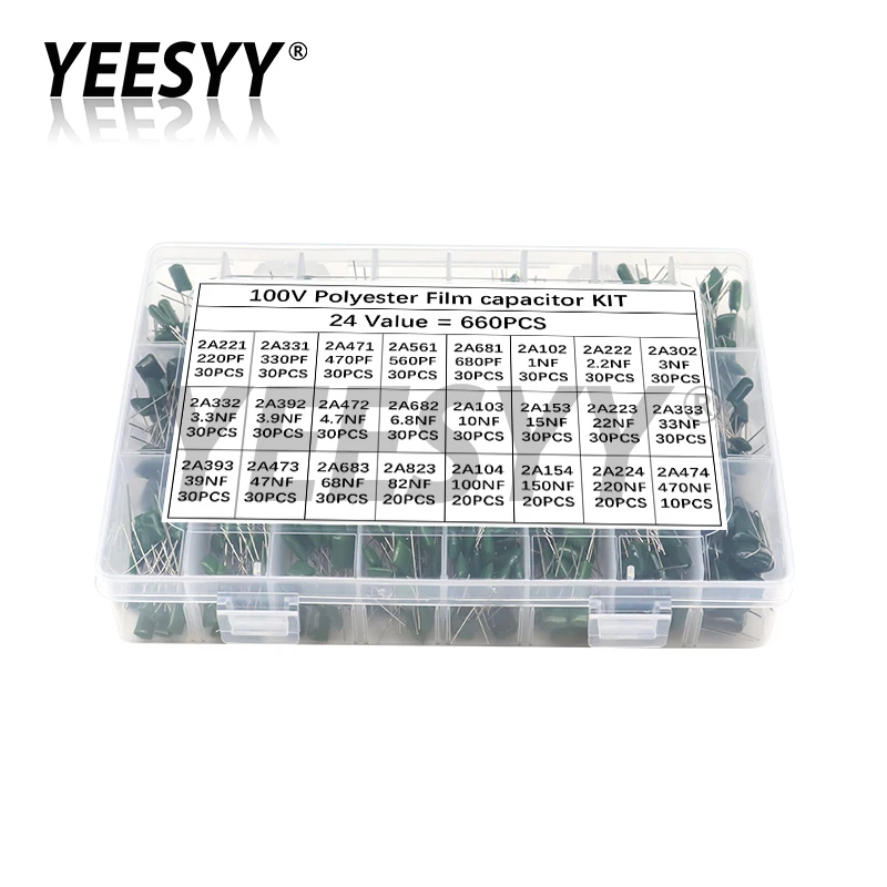 

660pcs 24Values Polyester Film Capacitor Assortment Kit 100V 2A471J 2A102J 2A103J 2A223J 2A104J 2A154J 2A474J Capacitance Set