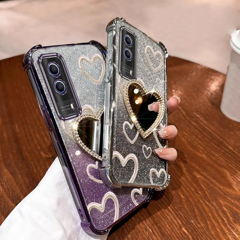 Airbag Wrist Strap Glitter Love Heart Mirror Phone Case On For Vivo Y30 Y30i Y31 Y31S Y33 Y50 Y51 Y51A Y51S Y53S Y72 4G 5G Cover