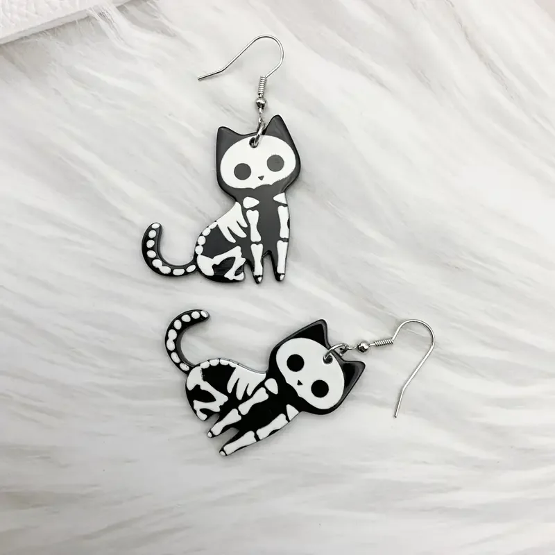 1pair Halloween Skeleton Cat Design Dangle Earrings Cartoon Cute Style Acrylic Jewelry Ghost Festival Earrings