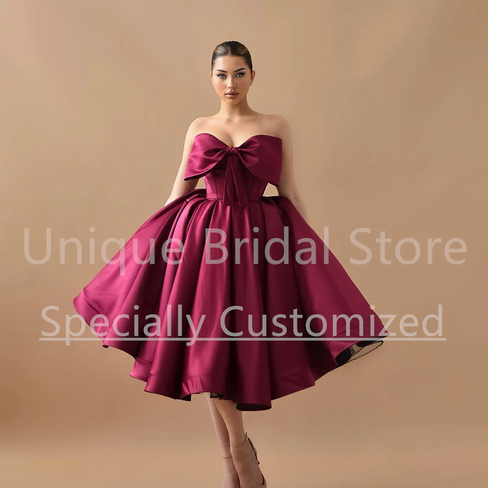 

Simple Ball Gown Prom Dresses A-Line Strapless With Bow Sleeveless Lace-up Knee-Length Women Vestidos Para Eventos Especiales