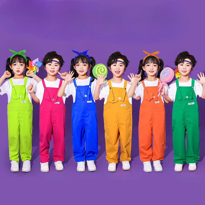 New Hip Hop Loose Colorful Overalls Girls White T Shirt Candy Color Pants Street Dance Clothes Sets Group Streetwear Costumes