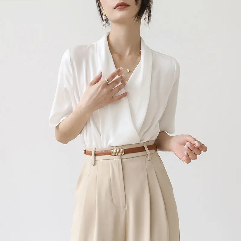 Temperament Solid Color Pleated Blouse Women New Classic Half Sleeve V-neck Office All-match Lady Pullover Chiffon Shirt