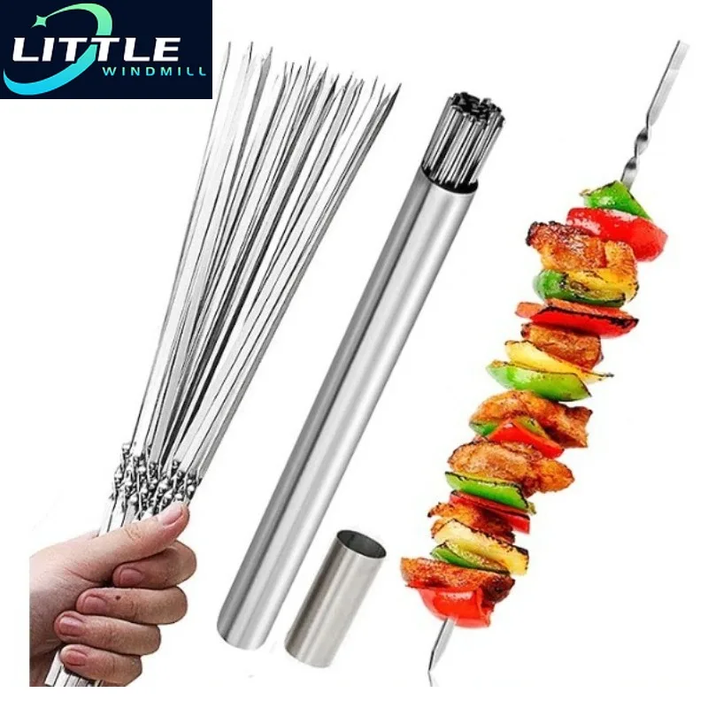 

Stainless Steel Barbecue Skewer BBQ Shish Kebab Flat Forks with Storage Bucket for Outdoor Camping Picnic Cooking Tools Reusable