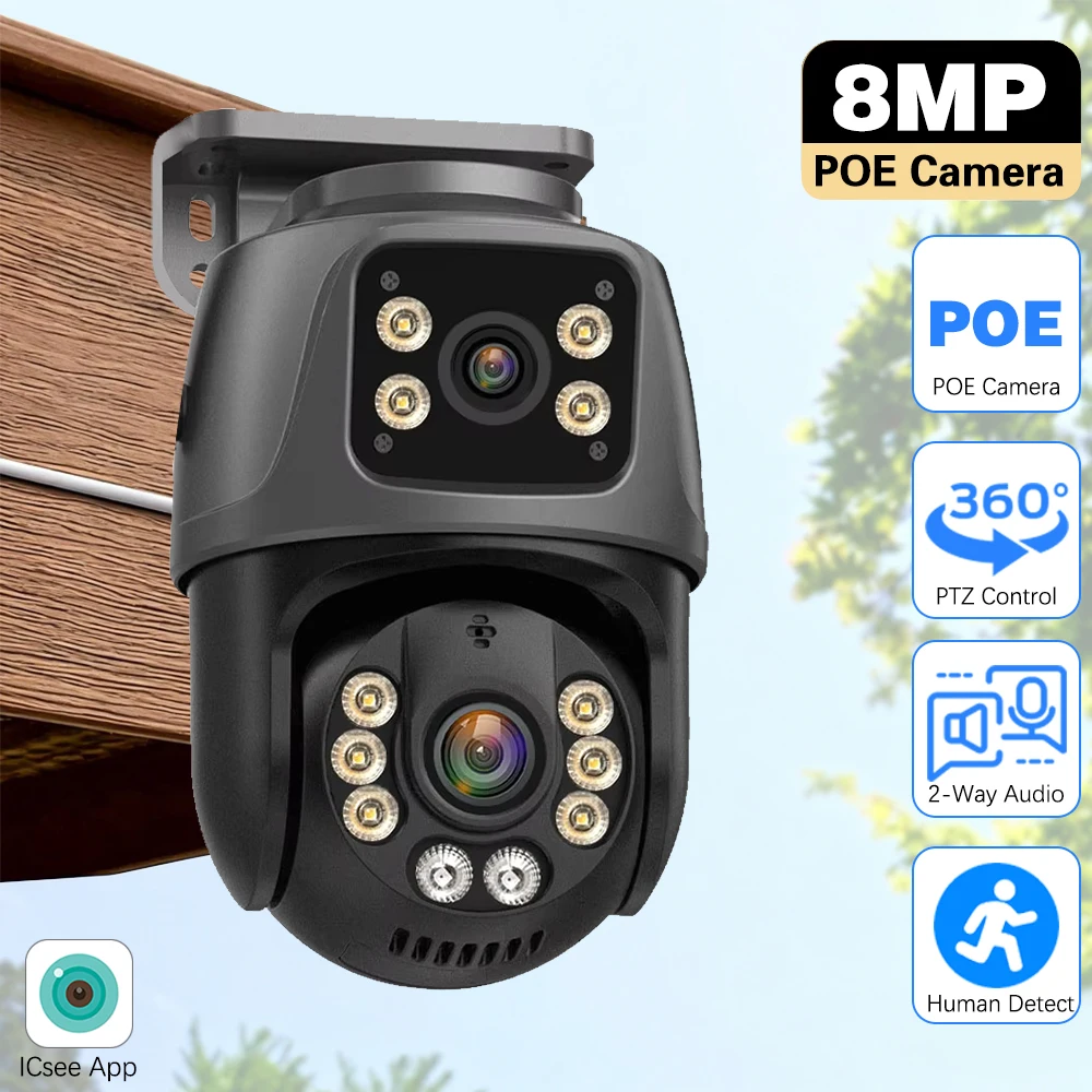 4K 8MP POE PTZ IP Camera Outdoor Dual Lens Dual Screen Motion Detection CCTV Color Night Vision Video Surveillance P2P ICSee App