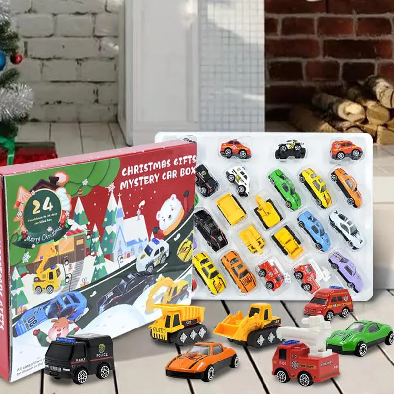 Calendário do Advento do Natal com diferentes veículos, contagem regressiva, calendários do brinquedo para crianças pequenas, mini carro do edifício, meninos