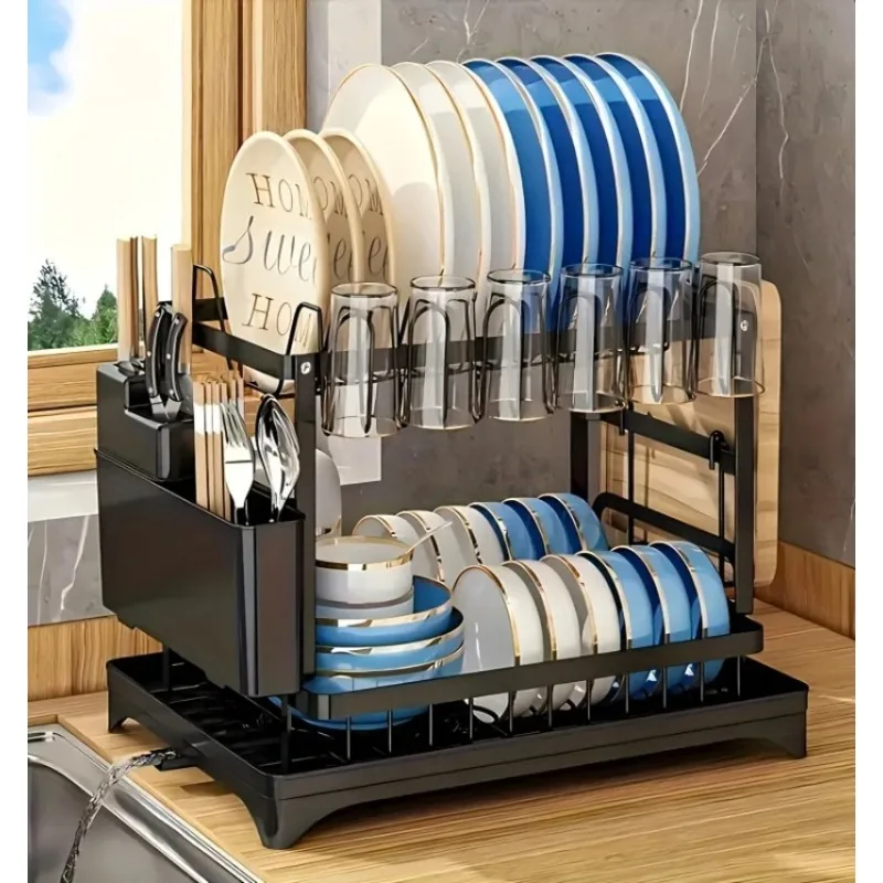 Escurridor de platos de 2 niveles para encimera de cocina, escurridor de platos para encimera de cocina con bandeja de goteo, estante para platos de cocina de metal con goteo tr