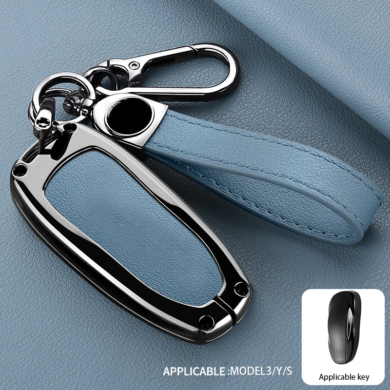 Metal Ieather Car Key Cover For Tesla Model 3/Model Y/Model S, Hard Shell Key Case With Keyring, Anti-lost Key Accessory