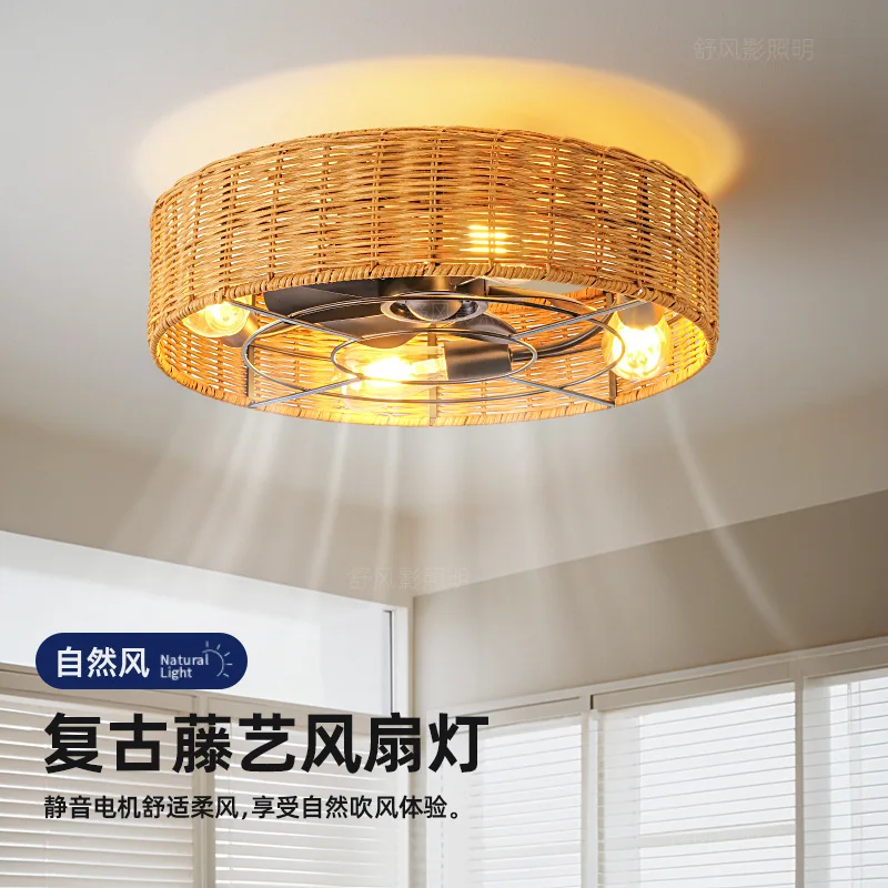 Hand Woven Bamboo and Rattan Fan Ceiling Lamp Chinese Zen Tea Room Lighting Fixture Japanese Ceiling Fan Lamp for Tea Room
