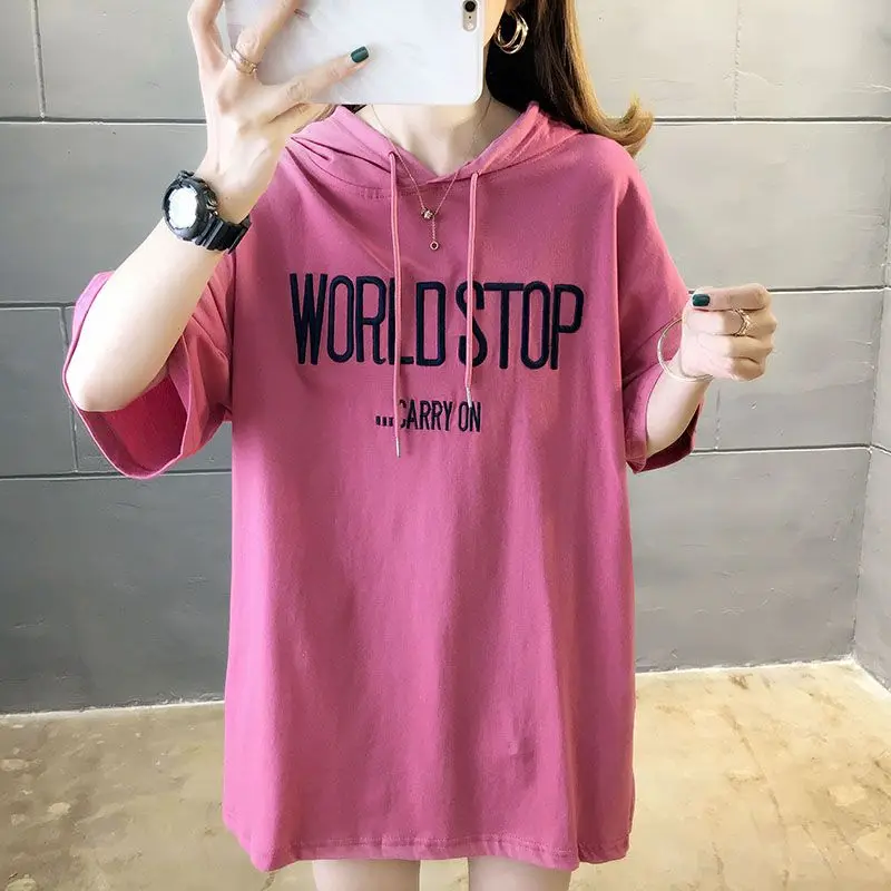 DAYIFUN-Cotton Hooded T-shirts,Embroidered Letters Design Tees,Lady Oversize Summer,Loose Short Sleeve Tops,Women's Clothing