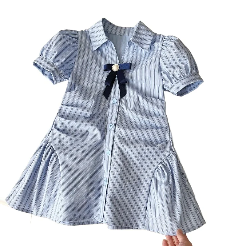 Summer Girls Dress Puff Sleeve Striped Kids Dress Korean Lapel Bow Children Dress 2024 New Toddler Girl Dresses 2 3 4 5 6 7Yrs