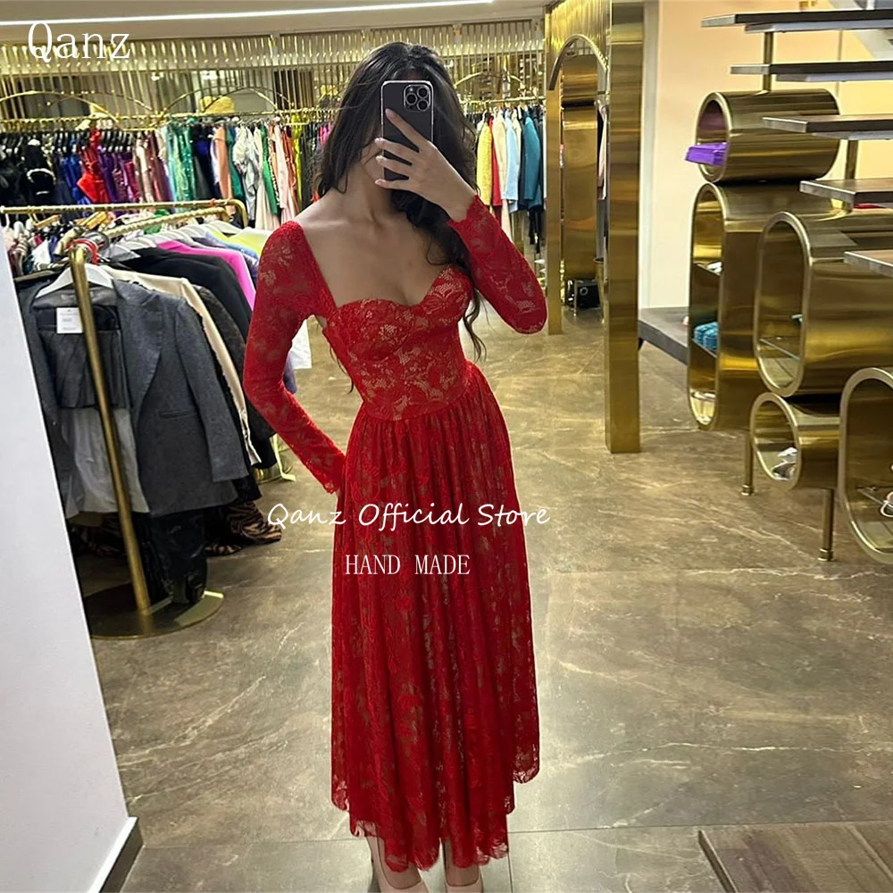 Qanz Elegant Tea Length Prom Dresses Red Lace Appliques Long Sleeves Abito Cerimonia Donna Bespoke Occasion Dresse Customized