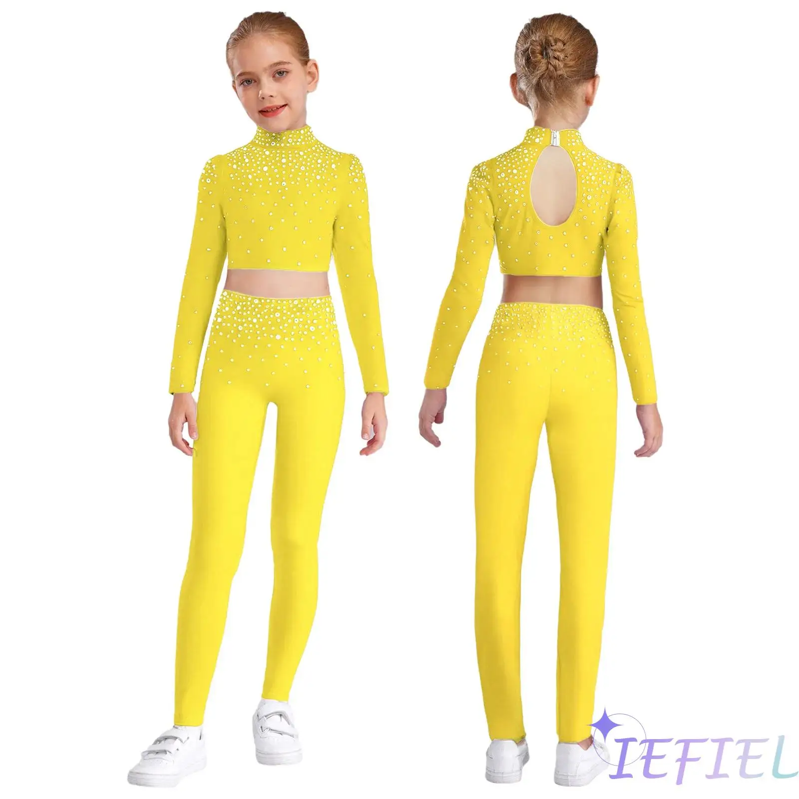 

Girls Jazz Dance Outfits Long Sleeve Keyhole Back Sparkling Rhinestones Metallic Crop Top&Pants for Jazz Dance Stage Performance