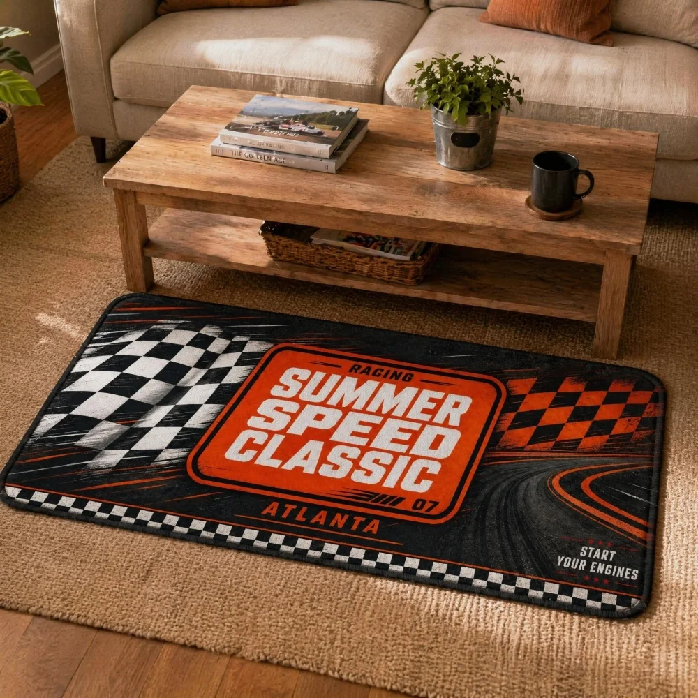 Racing Checkered Flag Flannel Runner Rug,Vintage Race Track Pattern Long Floor Mat,Non Slip Indoor Garage Living Room Decor Rug
