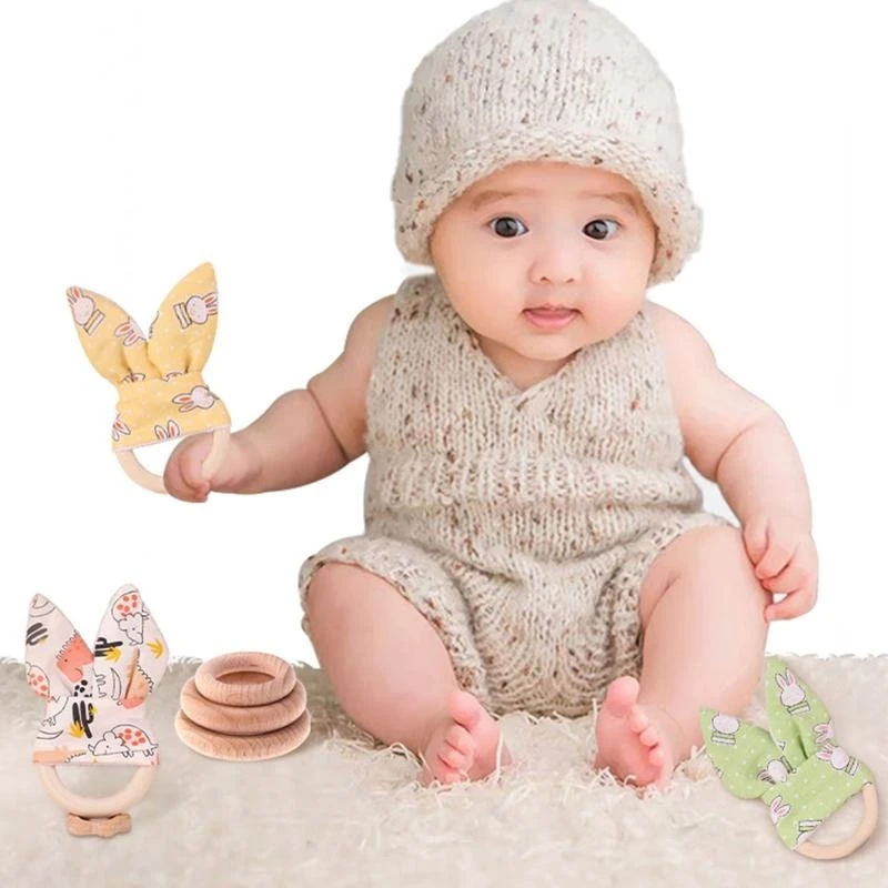 

J15U Chewing Ring Teether for Baby 3Month+ Hand Grip Newborn Bunny Ear Wooden Rattle