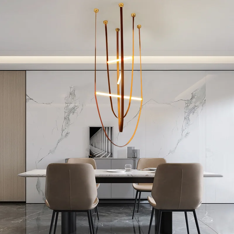 Post Morden Led Tube Leather Belt Hanging Chandelier Living Room Resturant Duplex Lighting Creative Desgin Ceiling Pendant Light