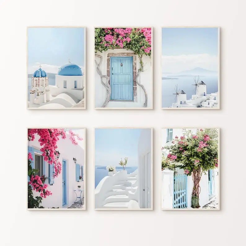 6-teiliges Griechenland Boho Santorini Galerie Leinwand-Wandkunst-Set, Rahmenlose Mediterrane Küsten-Wandkunst-Poster für Wohnzimmerdekoration
