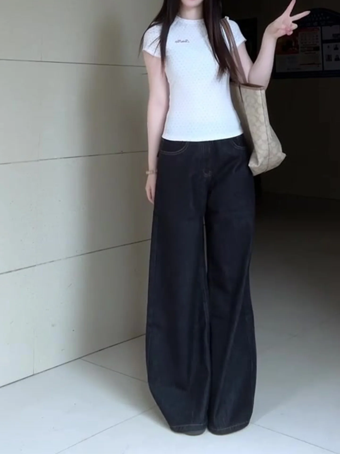 

High Waist Slim Fit Straight Leg Denim Jeans Women's Summer New Washed Wide Leg Pants American Style Dark Color plus Size