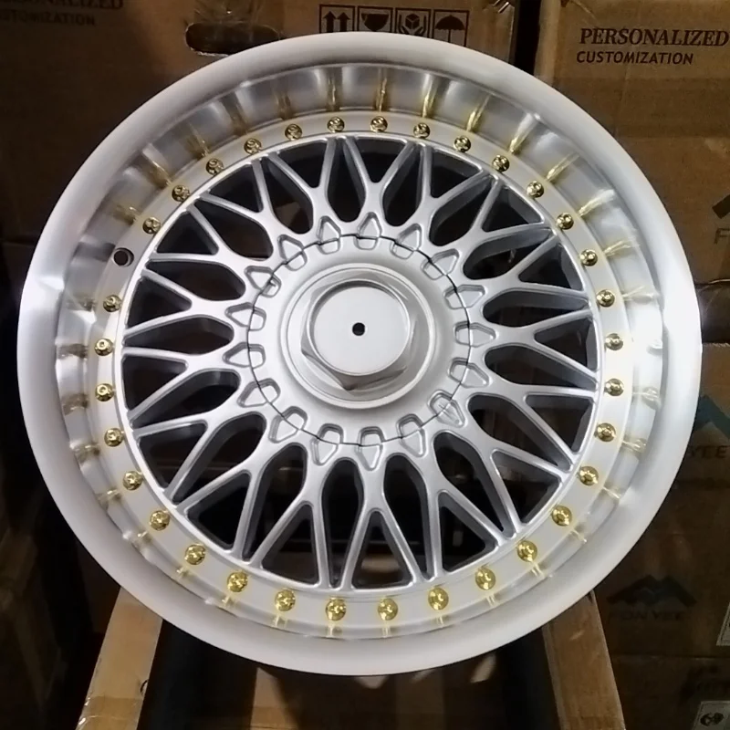 

New Design 17x8j Deep Dish Aluminium Alloy Cast Silver Machine Lip Gold Rivets Auto Option Wheel Rim Set Ce28 Flow Formed