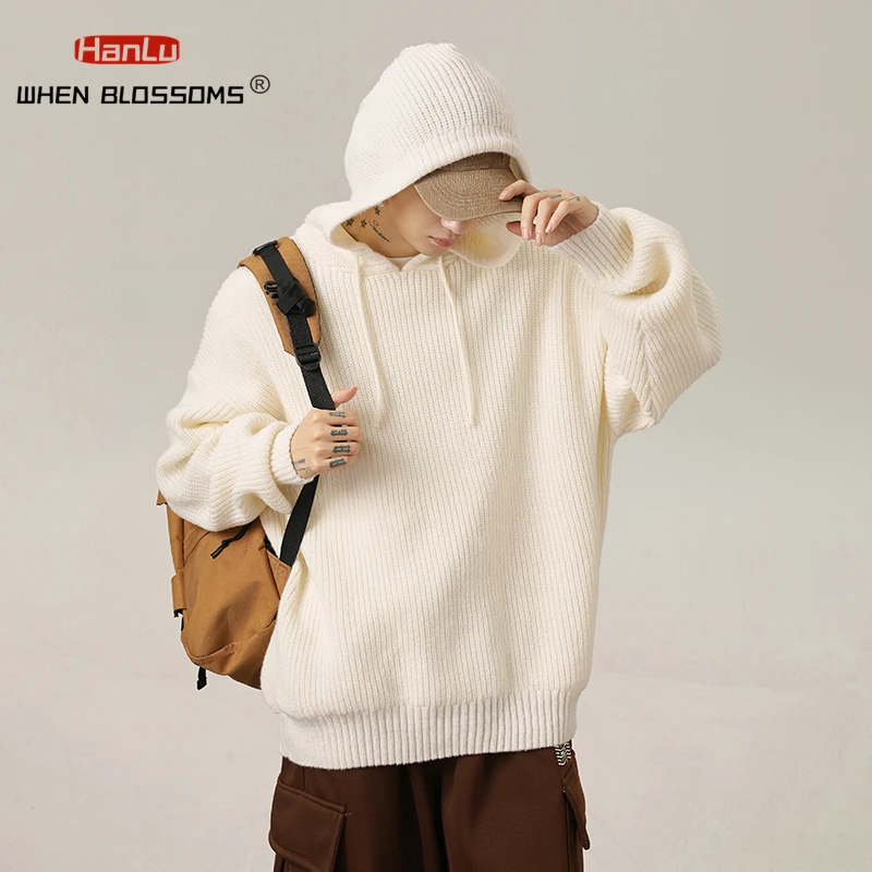 Japanese style Loose Solid Color hooded Sweater Men's 2024 Autumn  Winter New Collection Lazy Style Knit Sweater Hooded Pullove