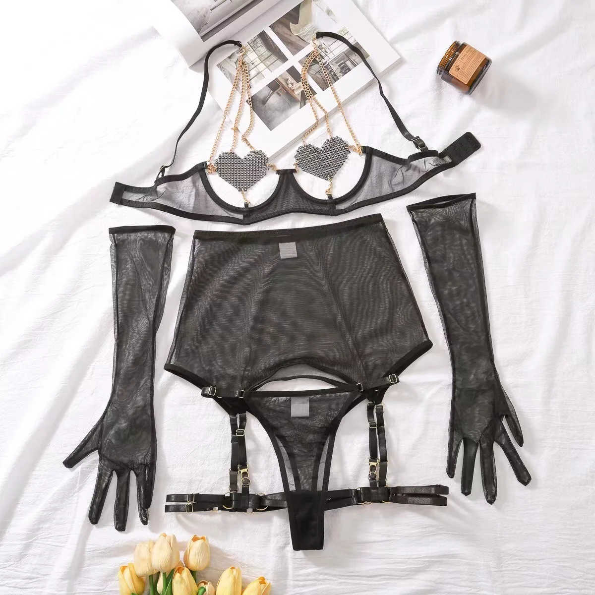 

fashion Women's Sexy Underwear Set Solid Color Mesh Patch Perspective Women's Underwear Set Sexy Gloves Strap Underwear