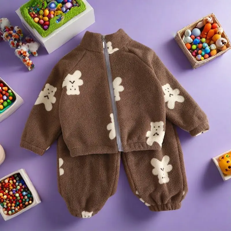 

Fleece Kids Cartoon Sets Children Flannel Winter Warm Suits Boys Plush Velvet Coats+Pants 2Pcs Outfits Girls Thicken Clothes