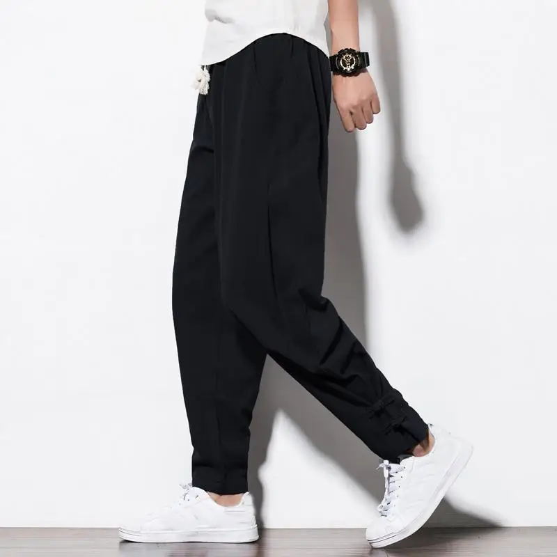 Chinese Style Linen Men Pants in Summer Loose Chinese Casual Pants Cotton Linen Harem Long