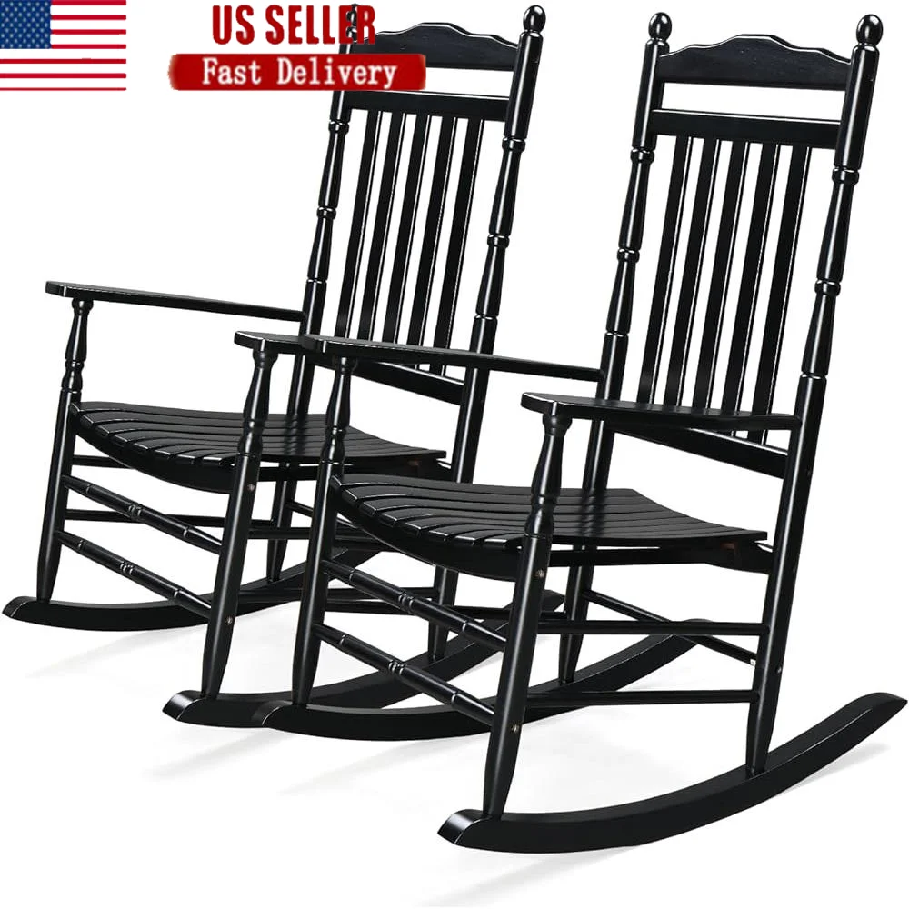 2 PCS Solid Wood Outdoor Rocking Chair Set High Back Comfortable Reclining Design 450 lbs Capacity Perfect Garden Patio Living