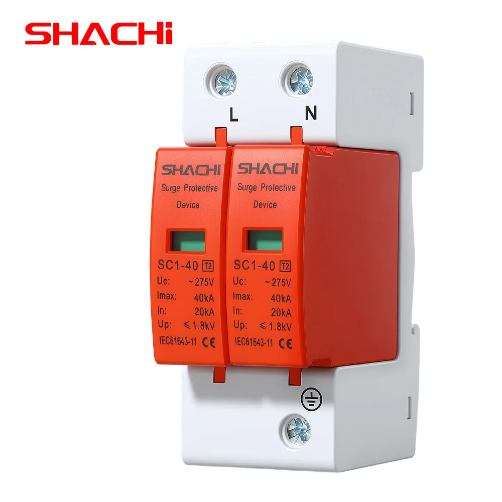 SHACHI 2P AC Surge Protector SPD Surge Protection Device 275V 385V 20KA 40KA 60KA Voltage Protector Solar Photovoltaic Arrester