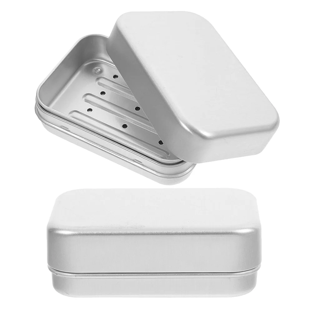 2 Pcs Indoor Bonsai Stand Drain Soap Dish Plant Tabletop Gum Case Hinge Silver Aluminum Container