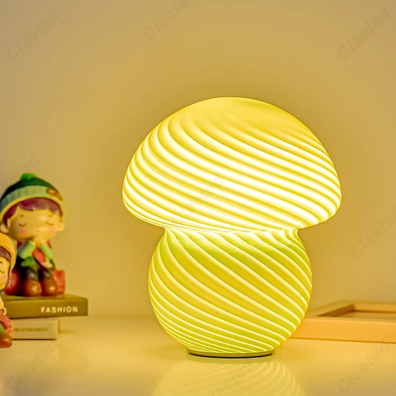 Creative and Minimalist LED Glass Mushroom Table Lamp Bedroom Sleep Bedside Lamp Ambient Decorative Lighting