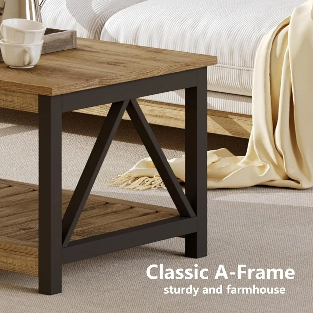 Rustic Oak and Black 40-Inch Rectangular Coffee Table with 2-Tier Storage for Living Room by ChooChoo Farmhouse
