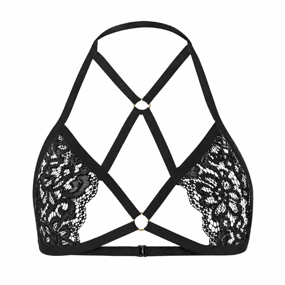 Hollow Out Push Up Female Bralette Top Backless Wireless Sexy Lace Harness Bra Lingerie Sheer Adjustable Halter Lace Strappy Bra