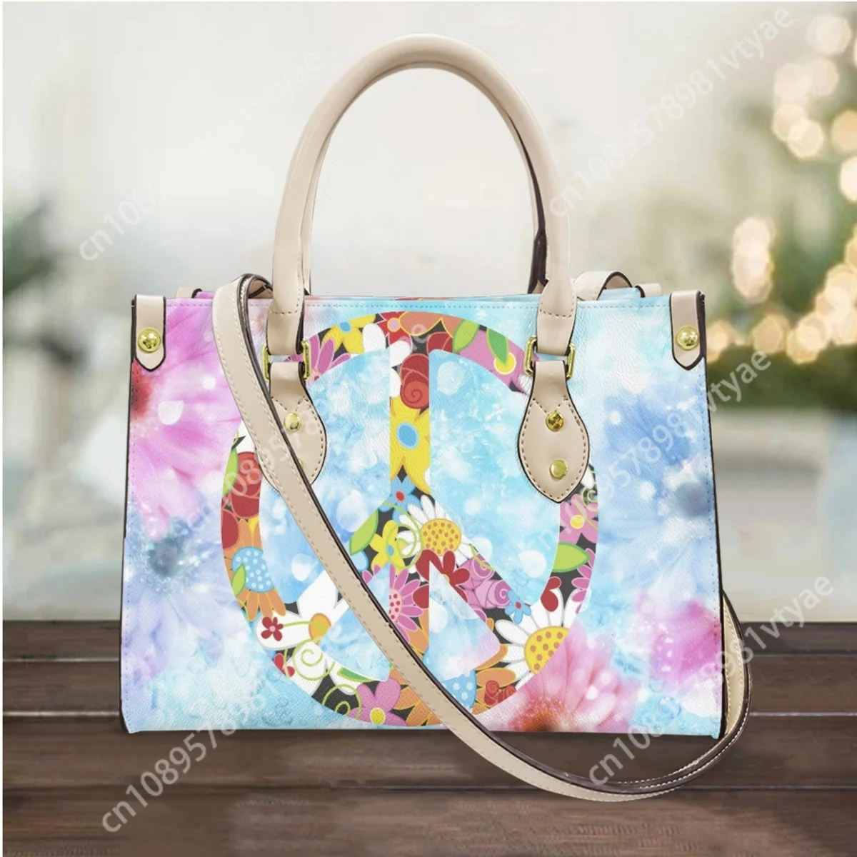 

Peace Symbol Floral Print Messenger Bag PU Top Handle Vintage Women's Luxury Shoulder Bag New Fashion Casual Tote Bolsa Feminina