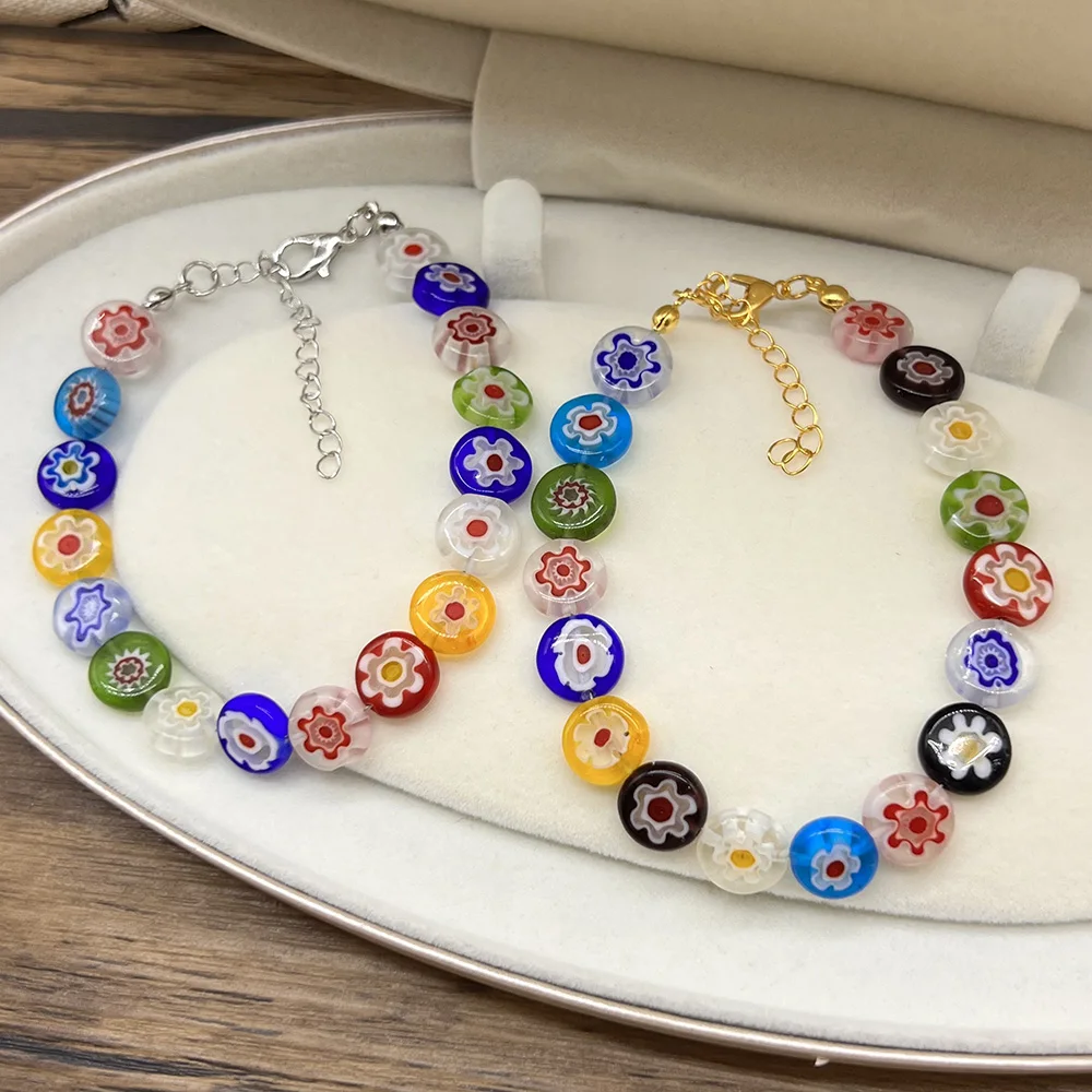 2pcs Ins Dopamine Color Millefiori Glass Bead Bracelet Multi Color Floral Beads Adjustable Charm Bracelet For Ladies Gift