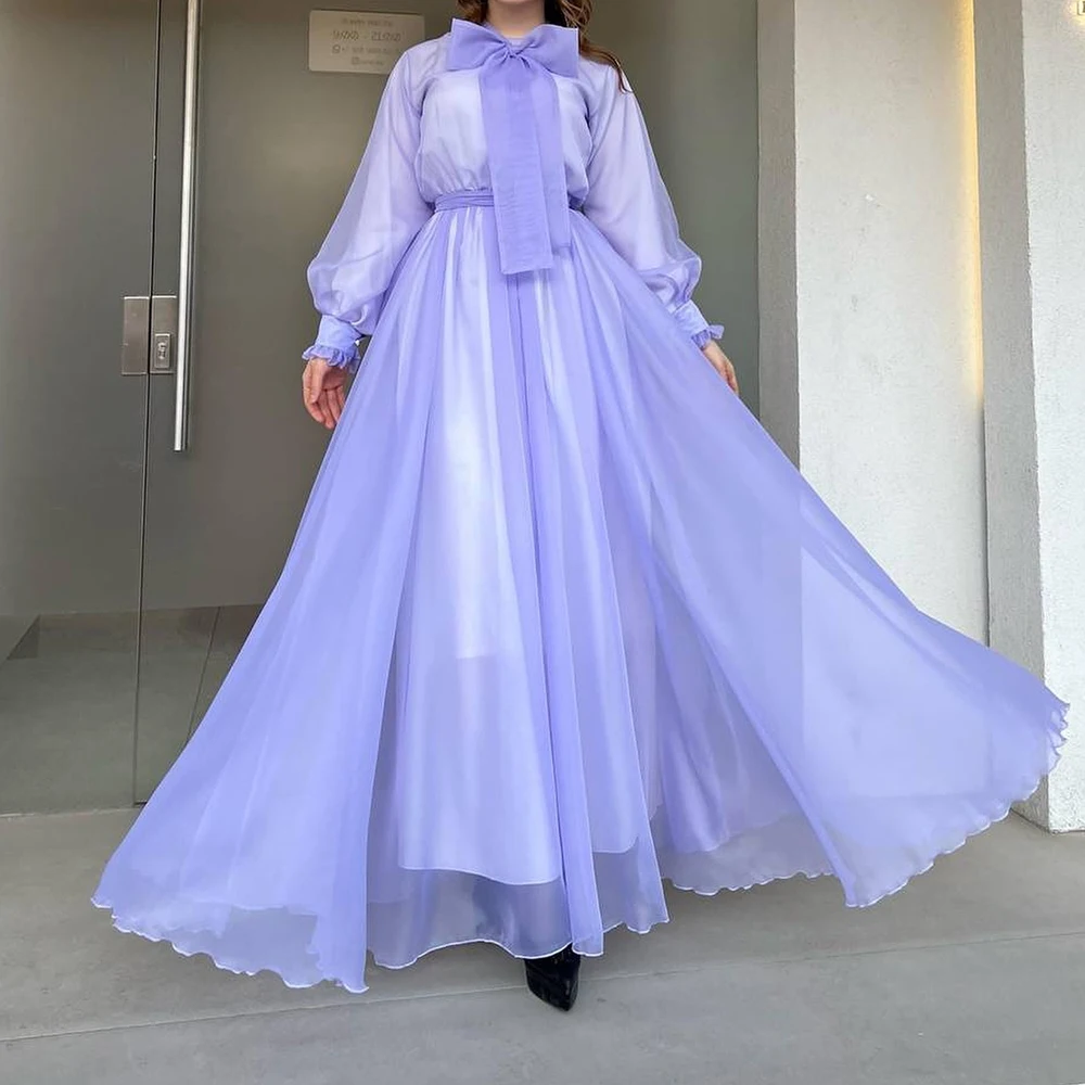 A-Line O-neck Puff Long Sleeves Organza Photo Color Graceful and Exquisite Evening Dresses Bow Belt Pleats Saudi Arabia 2024