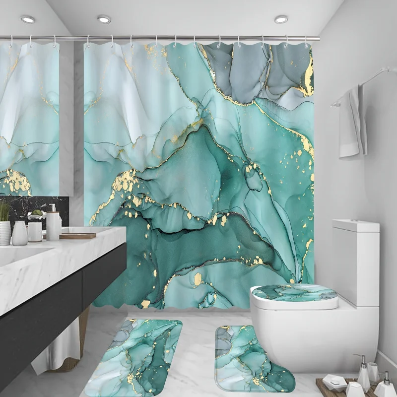 1/4pcs Luxurious Teal Marble Pattern Shower Curtain Set - Complete Waterproof Bath Ensemble with Non-slip Mats, 12 Hooks include