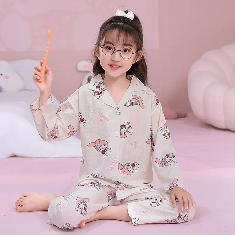 Sanrio jade canela cão outono novo algodão puro longo conjunto de duas peças pijamas femininos das crianças pijamas de seda loungewear feminino